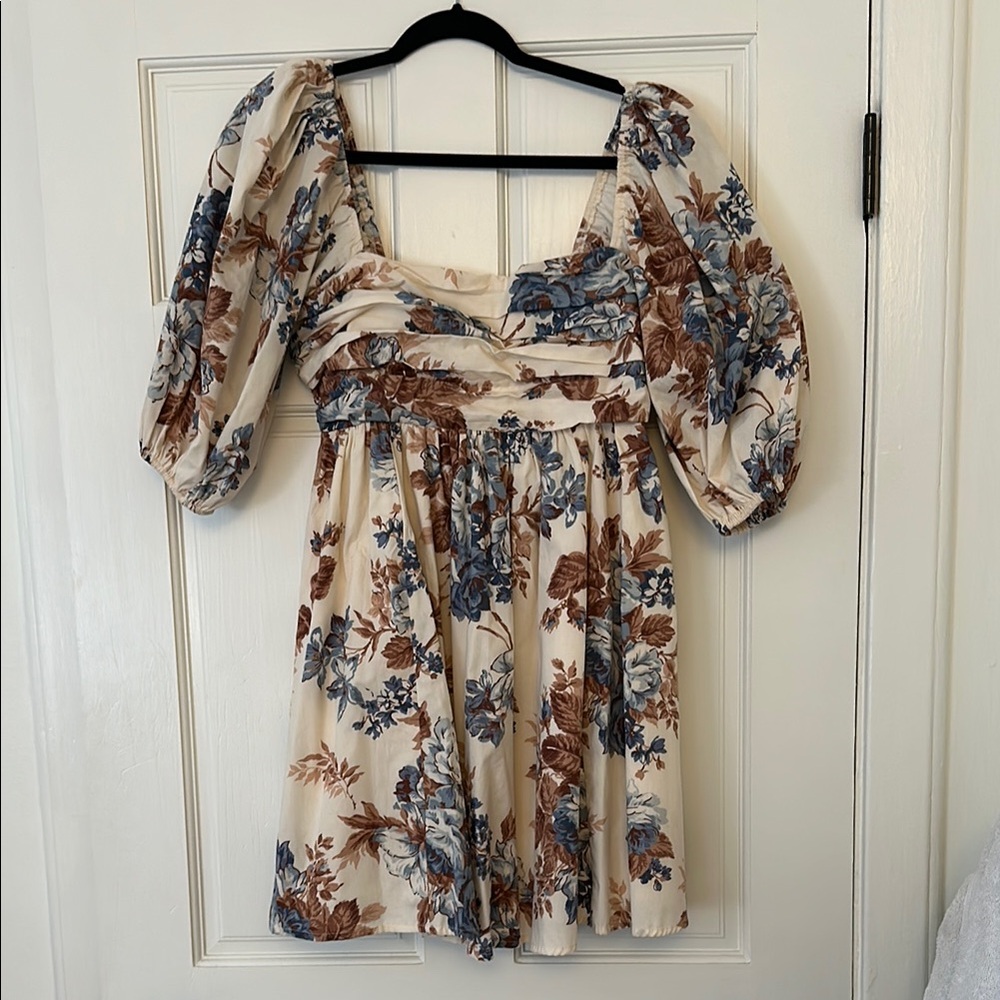 Abercrombie & Fitch Cream and Blue Puff Sleeve Ruched Sundress